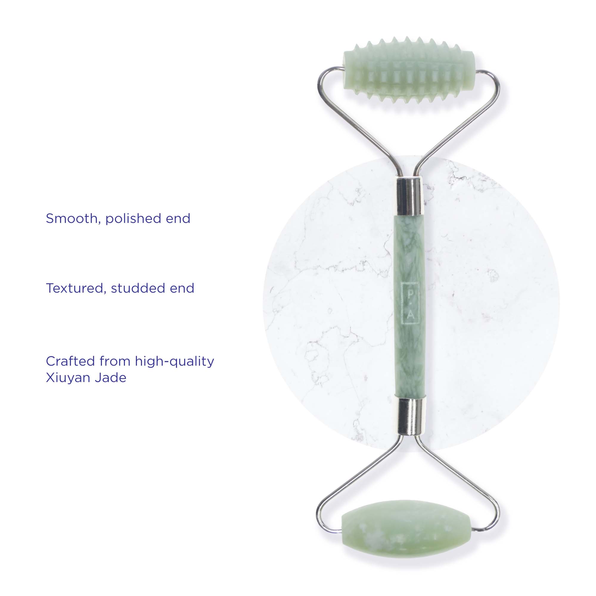 Dual Action Jade Facial Roller infographic - Province Apothecary