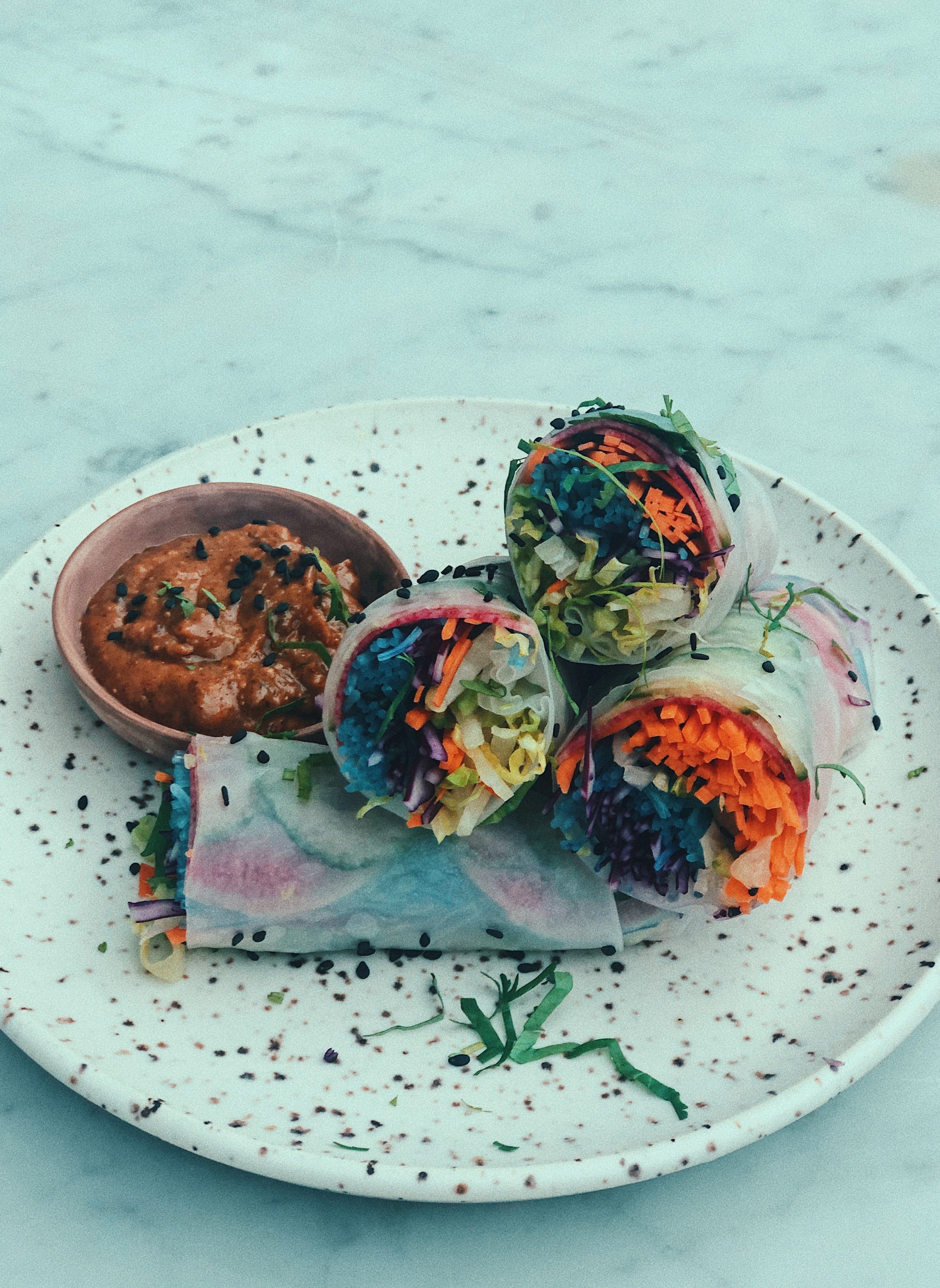 fresh, rice paper rainbow rolls with miso almond butter dipping sauce
