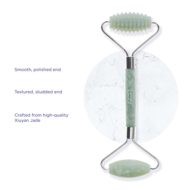 Dual Action Jade Facial Roller infographic - Province Apothecary